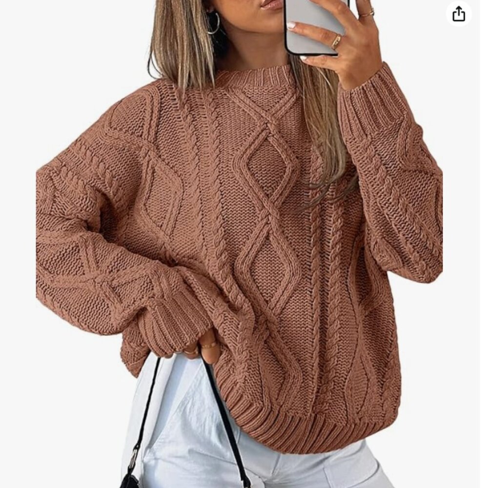 NEW / NWT Trendy Queen Women's Oversized Cable Knit Crewneck Sweater in Brown